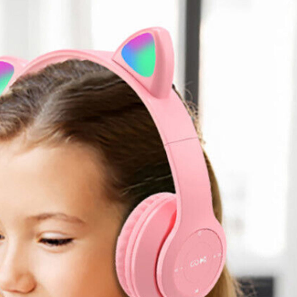 Bluetooth 5.0 Wireless Gaming Cat Ear Headset Foldable LED Kitty Headphone Pink