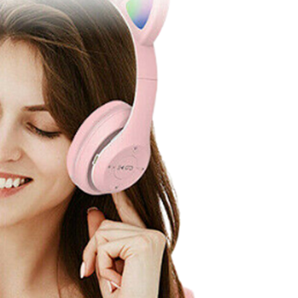 Bluetooth 5.0 Wireless Gaming Cat Ear Headset Foldable LED Kitty Headphone Pink