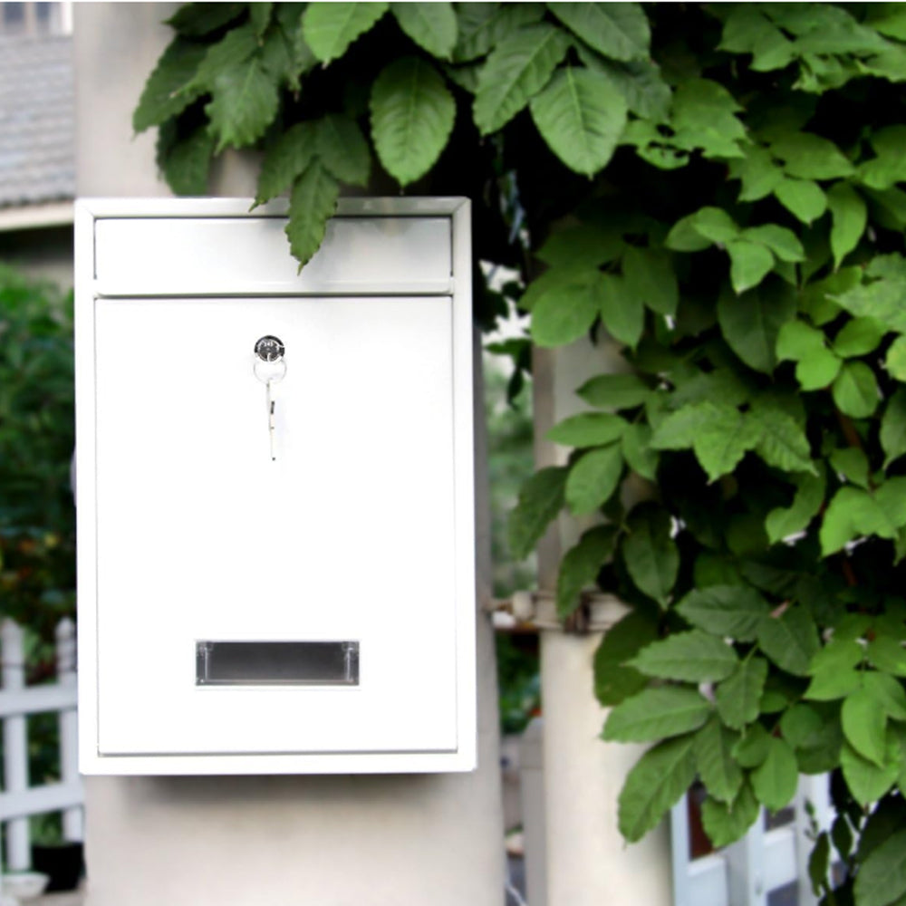 Wall Mounted Mailbox Lockable Steel Post Mail Letter Box Large Postbox White