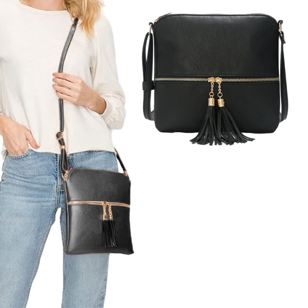 Women Crossbody Messenger Bag Shoulder Bag with Tassel Zipper Black
