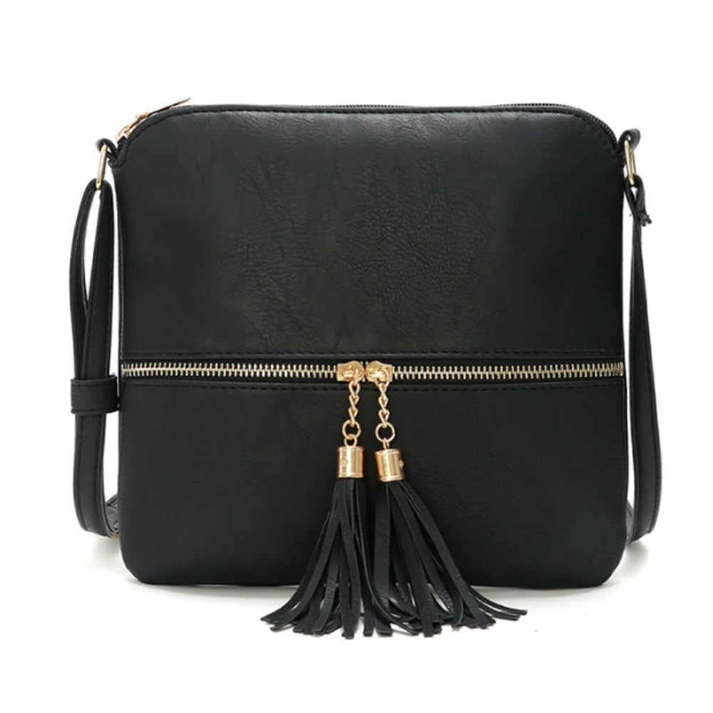 Women Crossbody Messenger Bag Shoulder Bag with Tassel Zipper Black