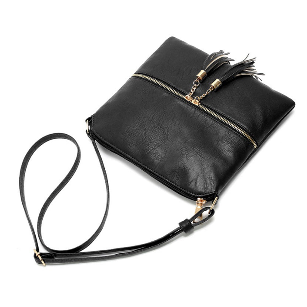 Women Crossbody Messenger Bag Shoulder Bag with Tassel Zipper Black