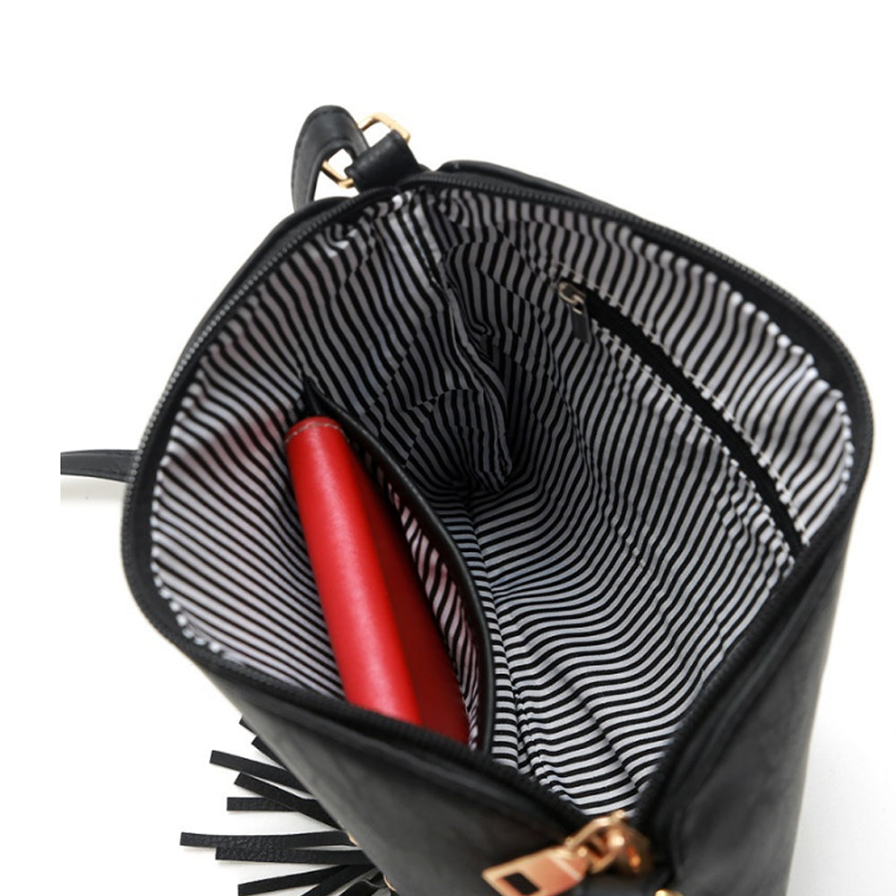 Women Crossbody Messenger Bag Shoulder Bag with Tassel Zipper Black