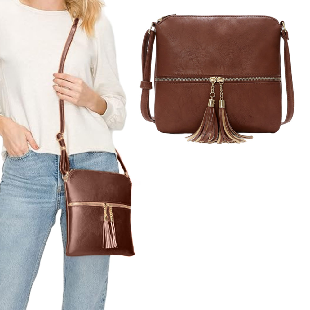 Women Crossbody Messenger Bag Shoulder Bag with Tassel Zipper Brown