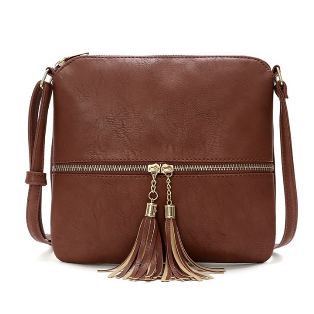 Women Crossbody Messenger Bag Shoulder Bag with Tassel Zipper Brown