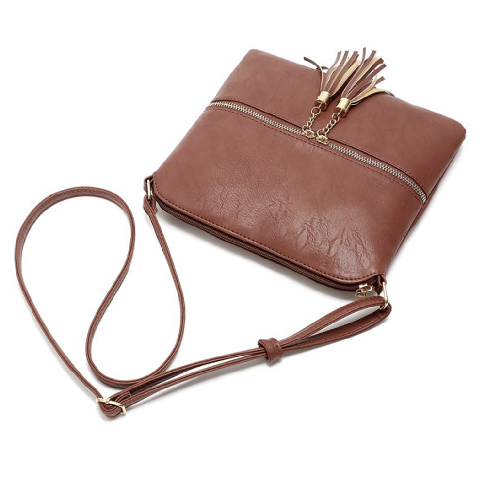Women Crossbody Messenger Bag Shoulder Bag with Tassel Zipper Brown