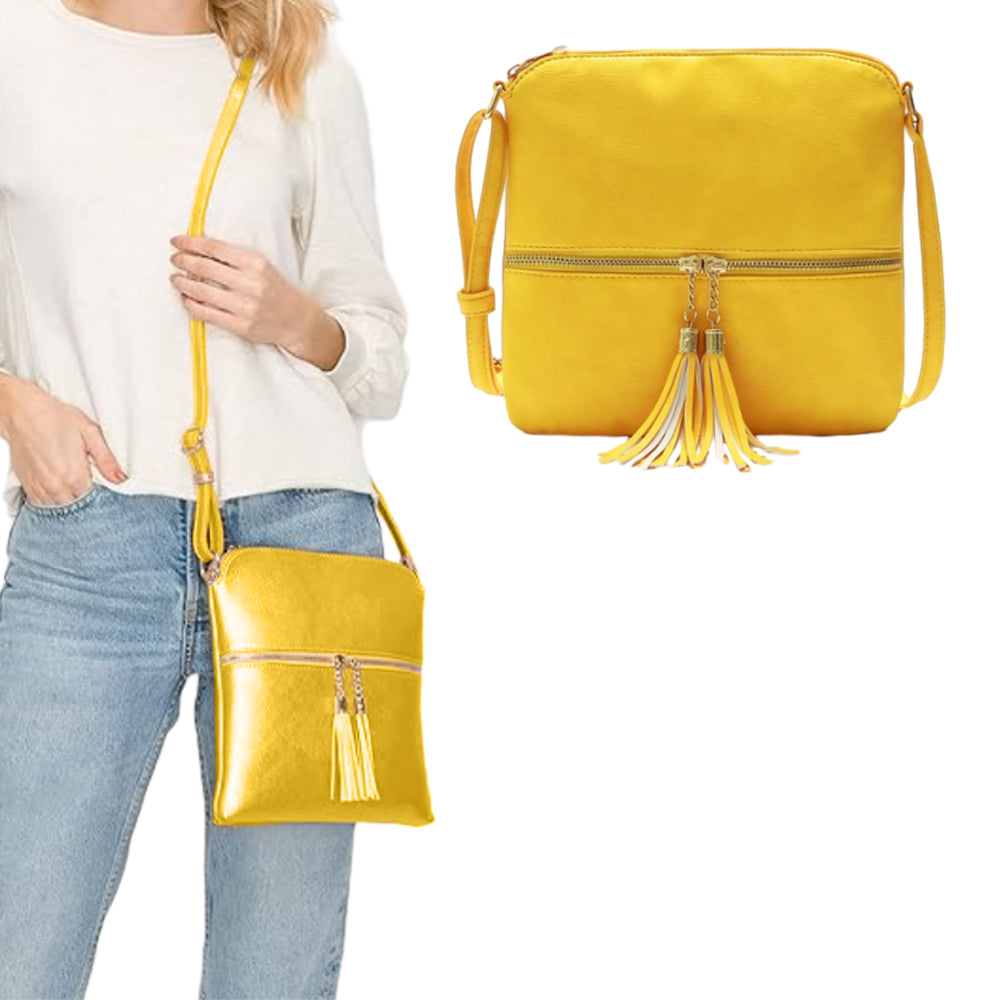 Women Crossbody Messenger Bag Shoulder Bag with Tassel Zipper Yellow