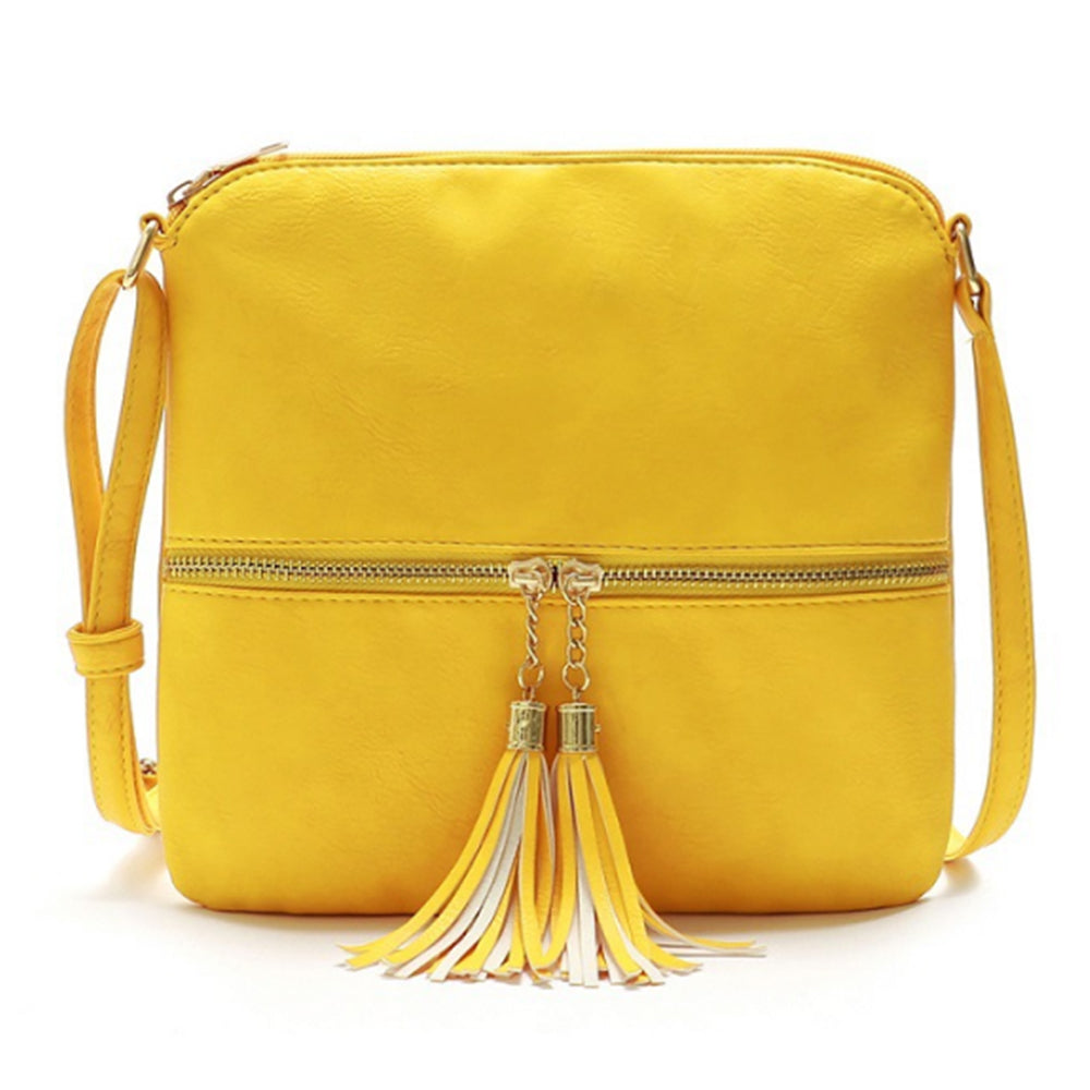 Women Crossbody Messenger Bag Shoulder Bag with Tassel Zipper Yellow