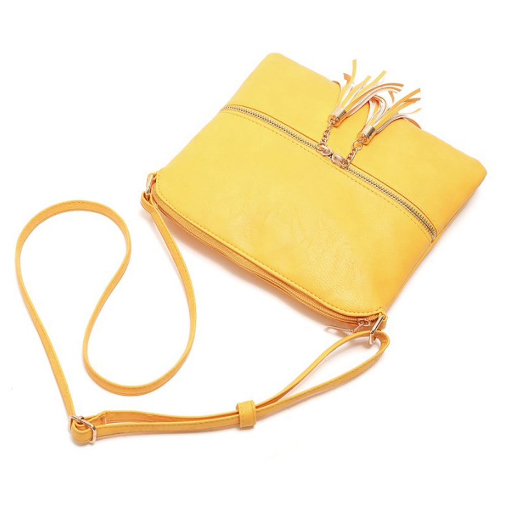 Women Crossbody Messenger Bag Shoulder Bag with Tassel Zipper Yellow