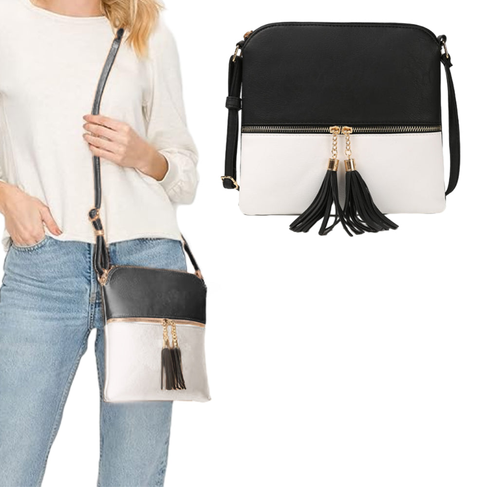 Women Crossbody Messenger Bag Shoulder Bag with Tassel Zipper Black with White