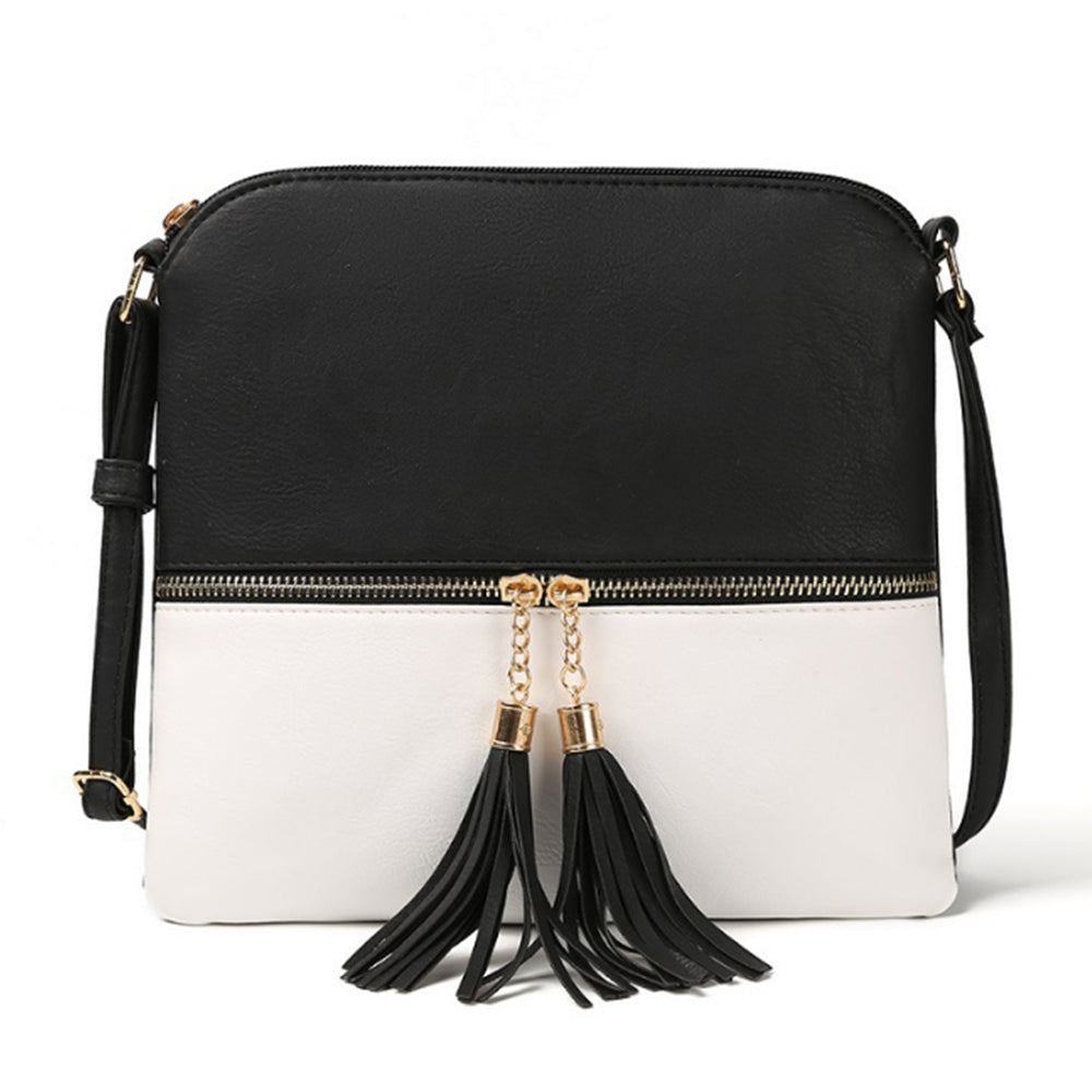 Women Crossbody Messenger Bag Shoulder Bag with Tassel Zipper Black with White