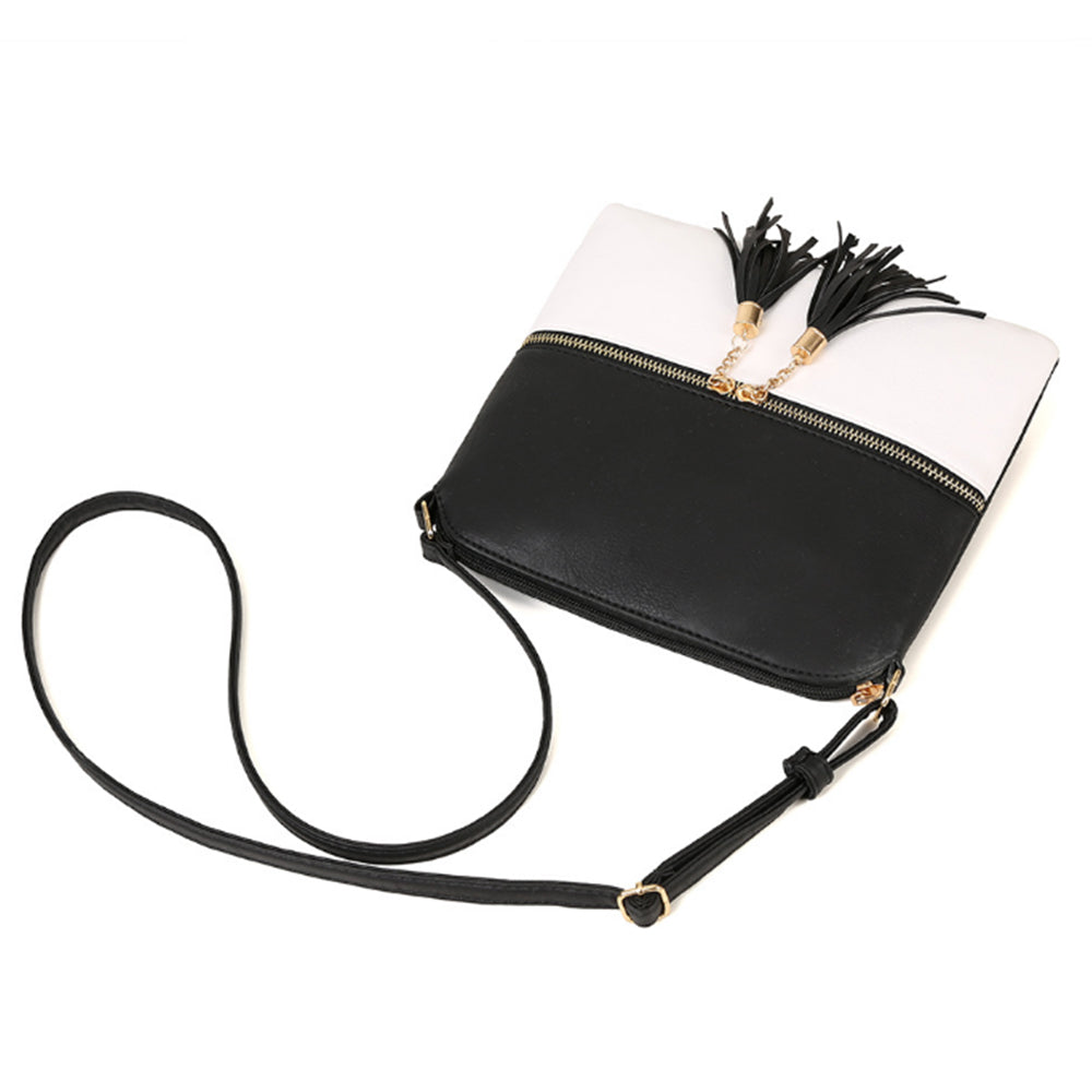 Women Crossbody Messenger Bag Shoulder Bag with Tassel Zipper Black with White