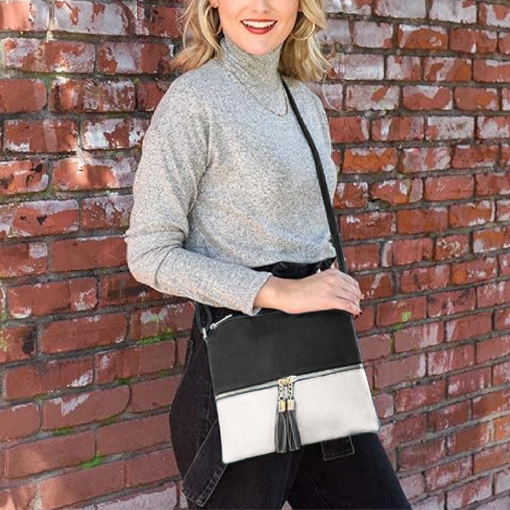 Women Crossbody Messenger Bag Shoulder Bag with Tassel Zipper Black with White