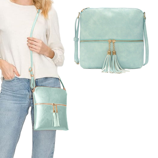 Women Crossbody Messenger Bag Shoulder Bag with Tassel Zipper Sky Blue