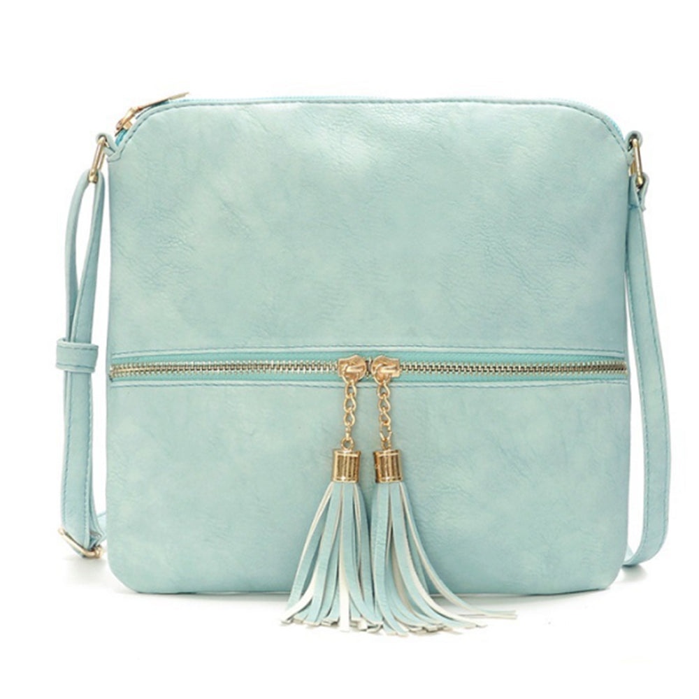 Women Crossbody Messenger Bag Shoulder Bag with Tassel Zipper Sky Blue