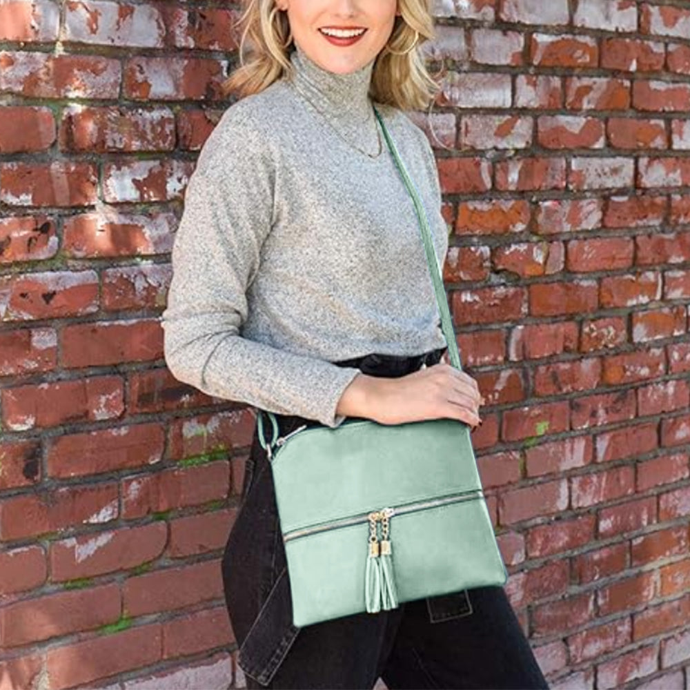 Women Crossbody Messenger Bag Shoulder Bag with Tassel Zipper Sky Blue
