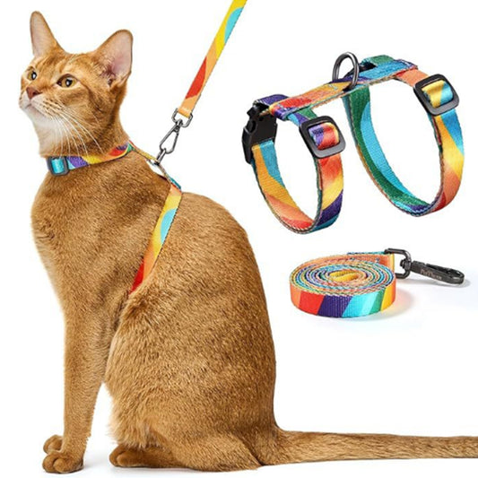 Cat Harness and Leash Set Escape Proof Adjustable Strap H-Shaped Harness Rainbow