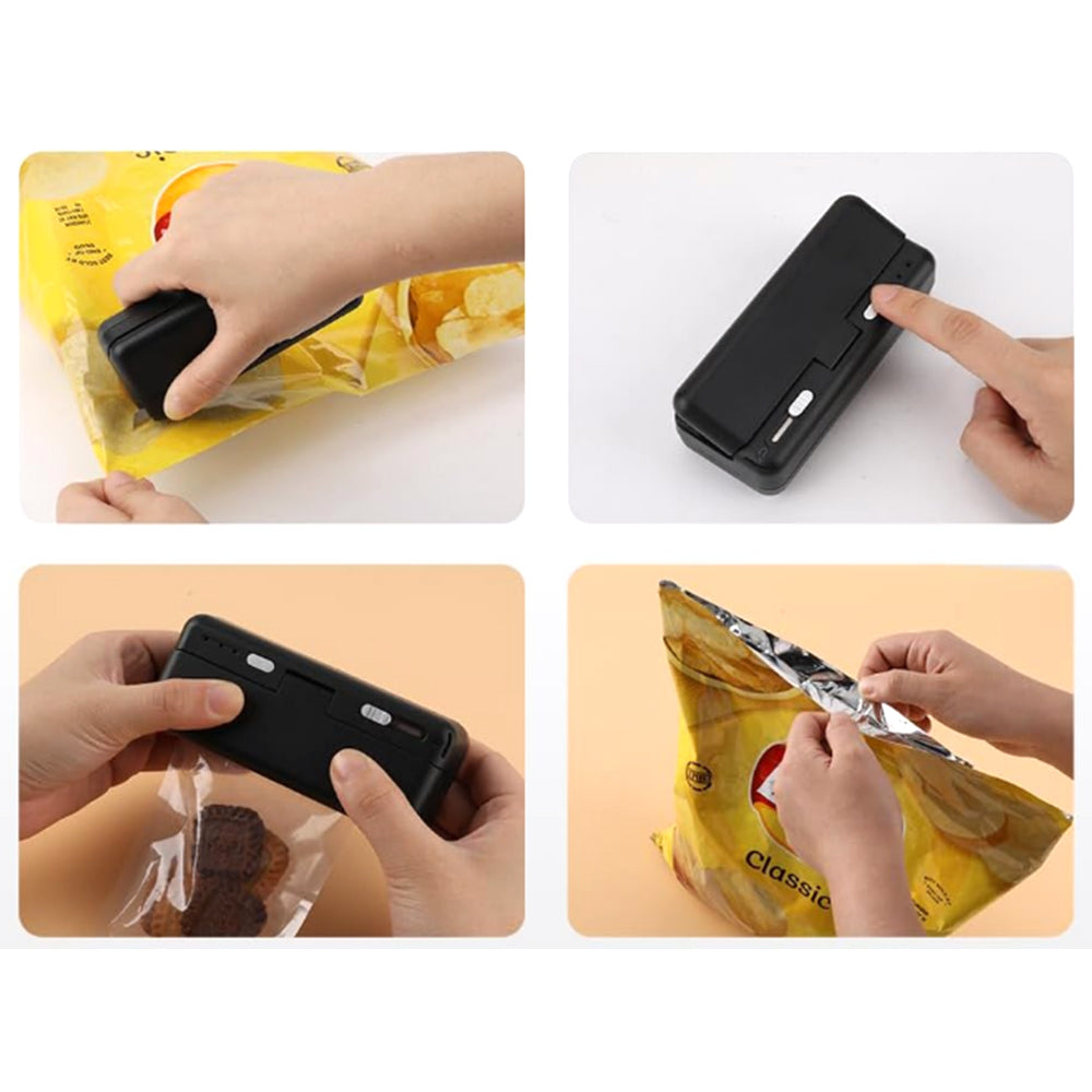 Portable Mini Bag Sealer USB Rechargeable Heat Sealing Machine with Cutter Black
