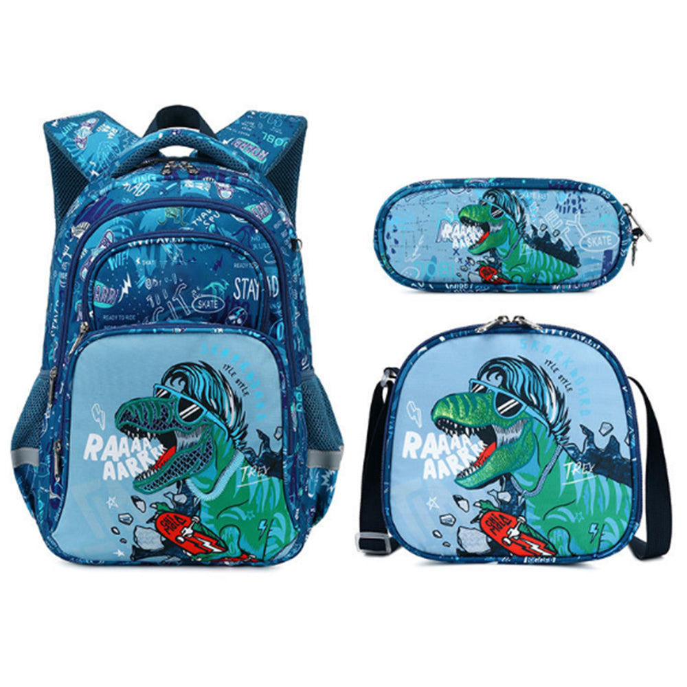 3Pcs Kids Backpack Set with Pencil Case and Insulated Lunch Bag Green Dinosaur