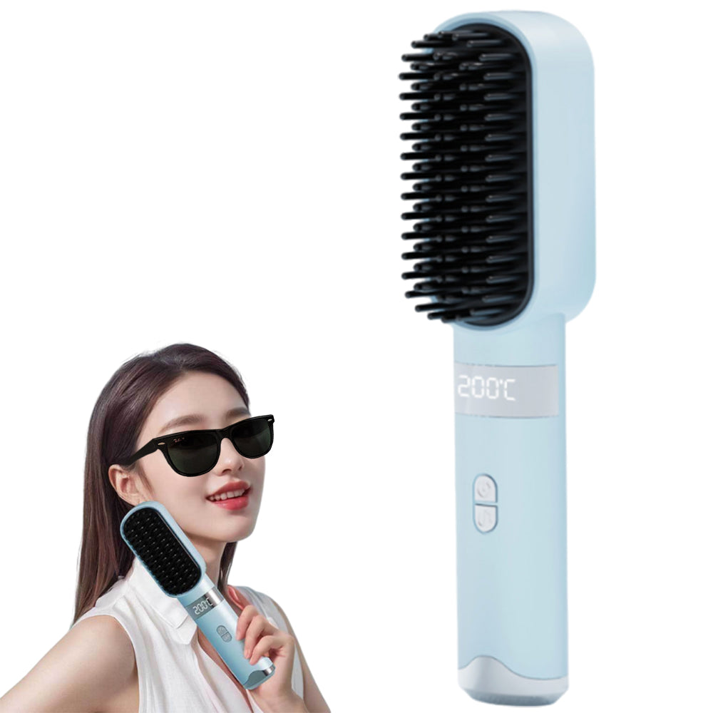 Cordless Hair Straightener Brush USB Rechargeable Negative Ion Hot Comb Blue