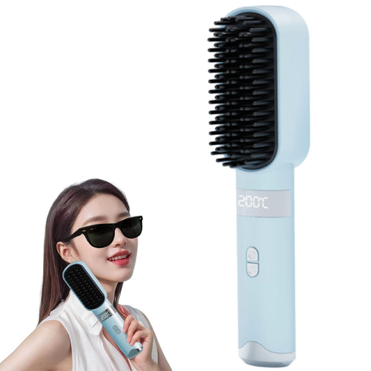 Cordless Hair Straightener Brush USB Rechargeable Negative Ion Hot Comb Blue