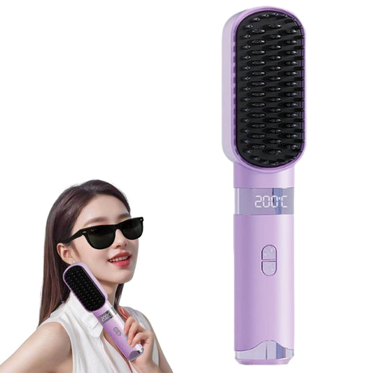 Cordless Hair Straightener Brush USB Rechargeable Negative Ion Hot Comb Purple