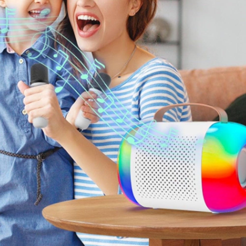 Mini Karaoke Machine Portable Bluetooth Speaker with 2 Wireless Microphone White