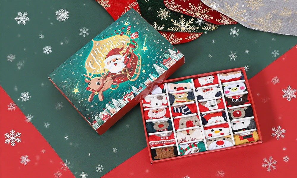 24 Days Funny Christmas Socks Countdown Calendar 12 Pairs Unisex Socks