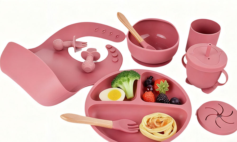 10-Piece Silicone Baby Feeding Set with Suction Plate Bowl Bib Cup and Utensils