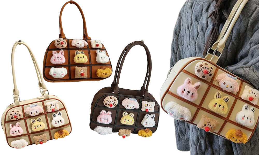 Cute Plush Doll PU Handbag for Women Daily Outing or Commute