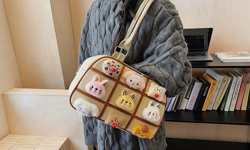 Cute Plush Doll PU Handbag for Women Daily Outing or Commute