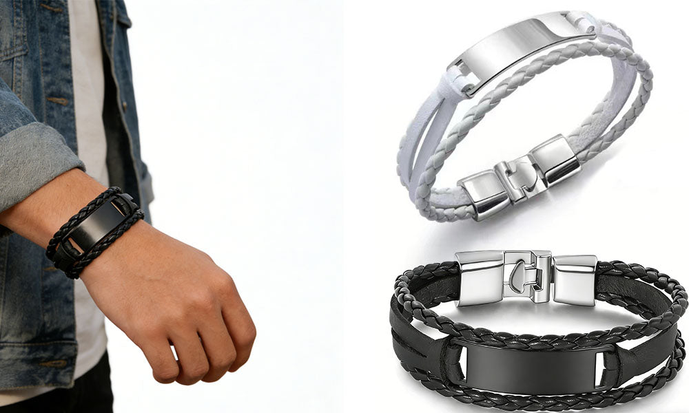 Stainless Steel Leather Bracelet Braided Wristband Jewelry