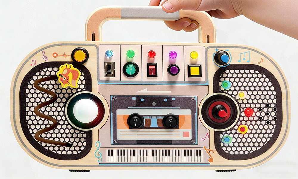 Wooden Montessori Busy Board Sensory Toy with Music Light Switch for Kids Learning