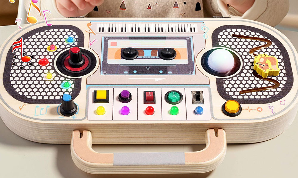 Wooden Montessori Busy Board Sensory Toy with Music Light Switch for Kids Learning