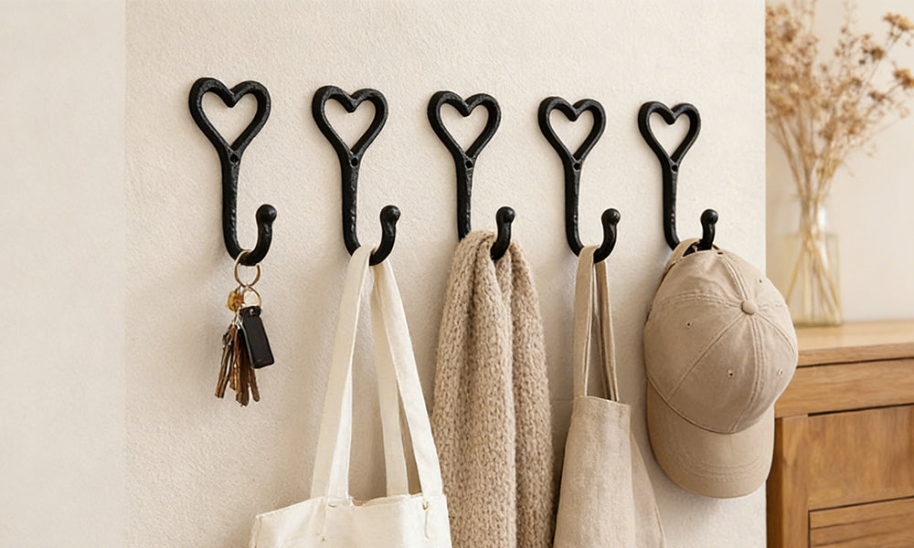 5 Pcs Cast Iron Wall Hooks Heart Shape Decorative Coat Hooks for Home