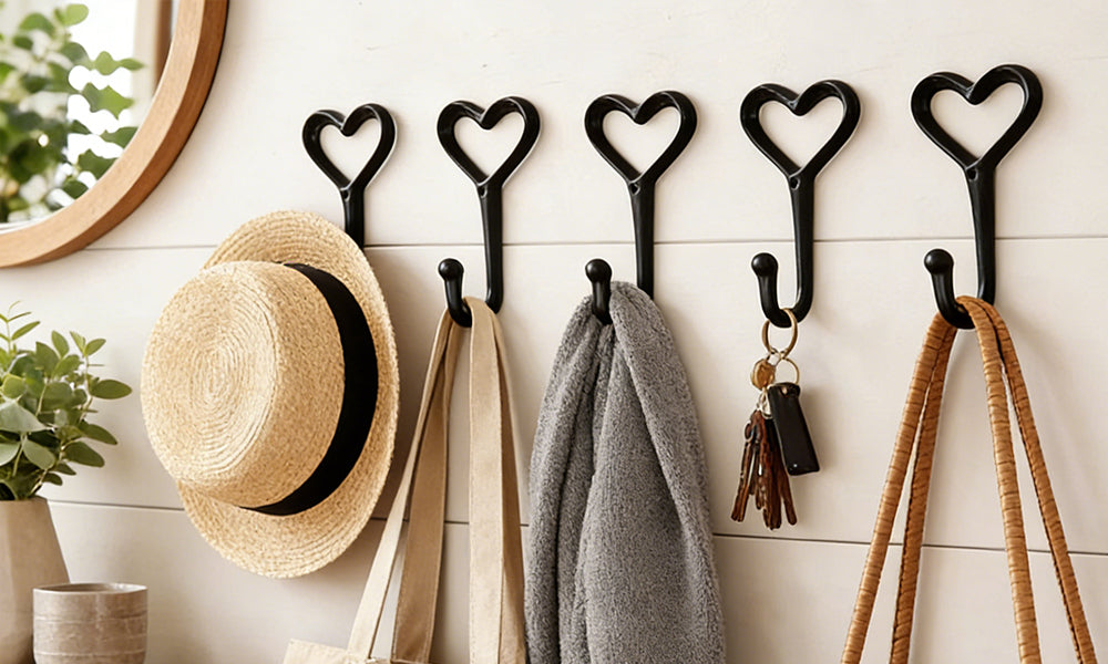 5 Pcs Cast Iron Wall Hooks Heart Shape Decorative Coat Hooks for Home