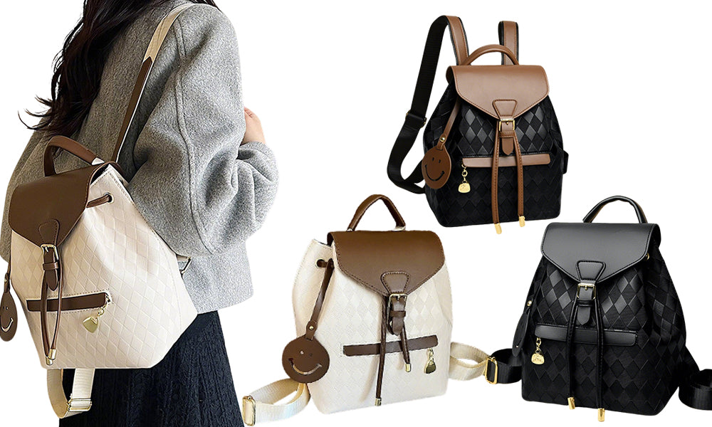 PU Leather Plaid Backpack for Women Casual Travel Daypack