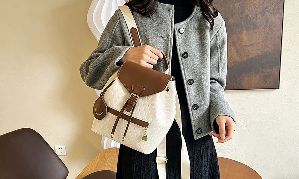 PU Leather Plaid Backpack for Women Casual Travel Daypack