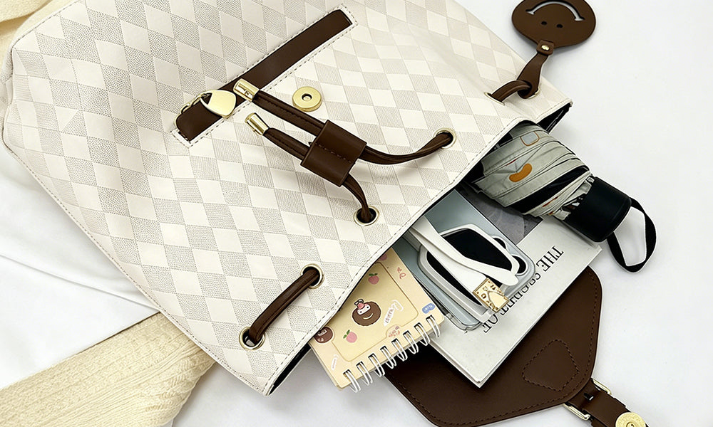 PU Leather Plaid Backpack for Women Casual Travel Daypack