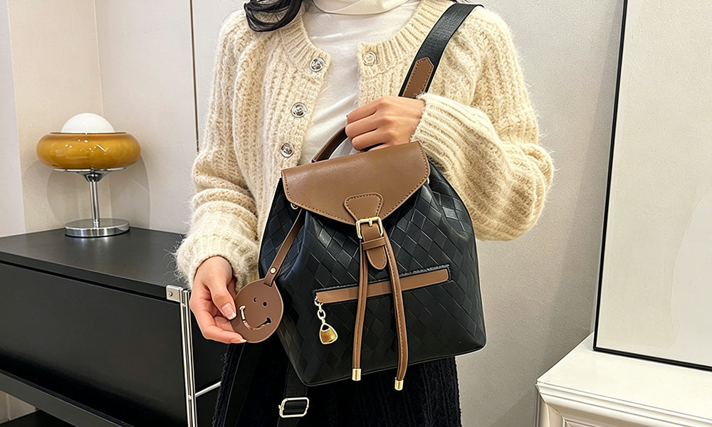 PU Leather Plaid Backpack for Women Casual Travel Daypack