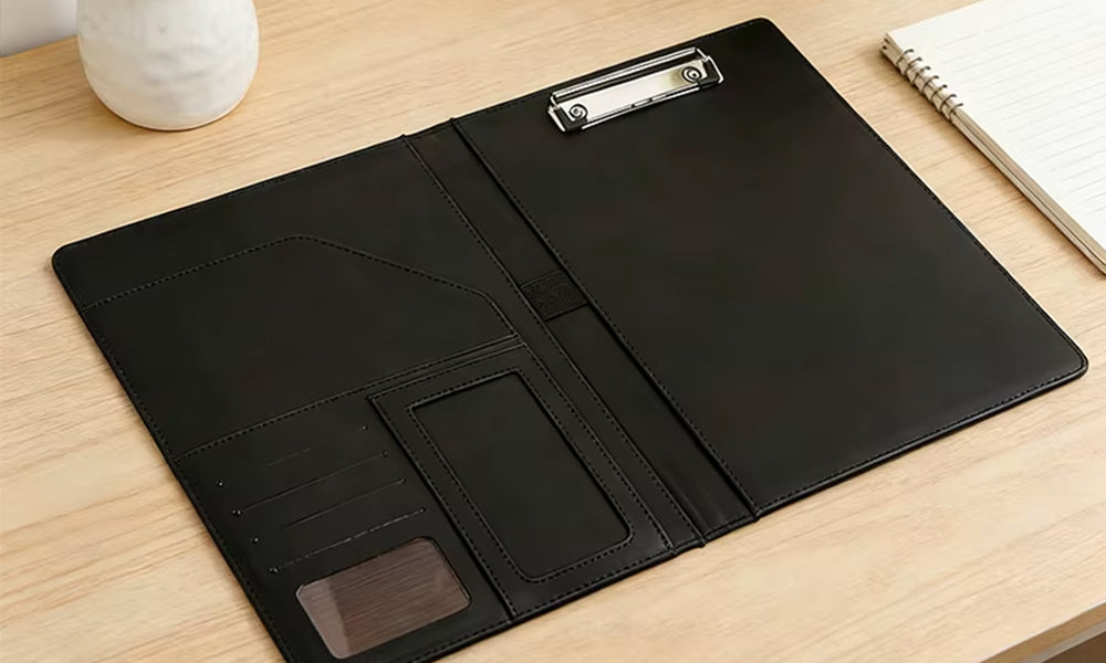 PU Leather A4 Portfolio Folder with Notepad Card Slots for Office Meeting