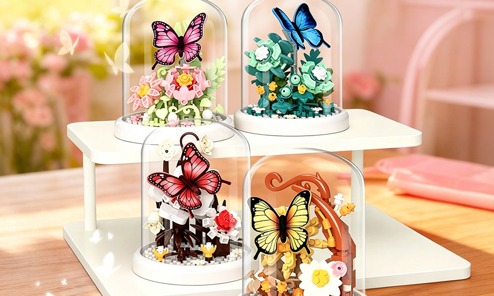 Butterfly Flower Mini Building Blocks Set DIY Micro Particle Model Kit with Display Case