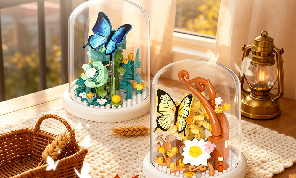 Butterfly Flower Mini Building Blocks Set DIY Micro Particle Model Kit with Display Case