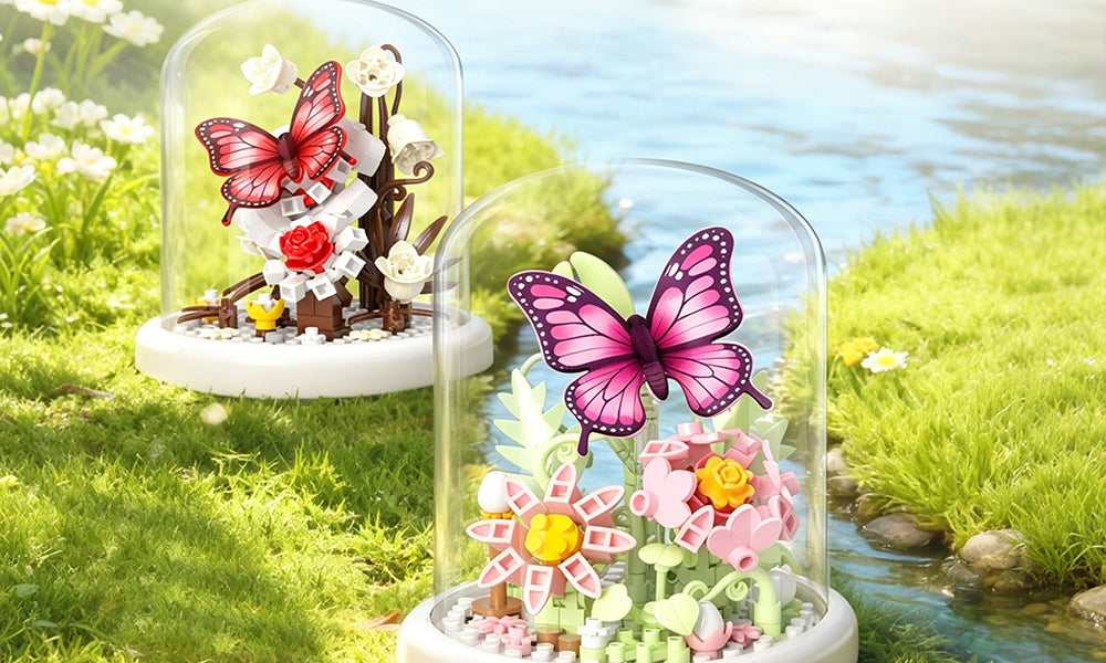 Butterfly Flower Mini Building Blocks Set DIY Micro Particle Model Kit with Display Case