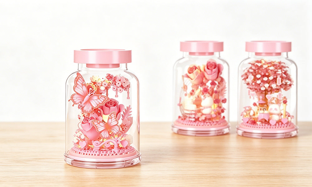 DIY Flower Jar Building Blocks Set Mini Garden Model Kit Decorative Bricks Toy with Light