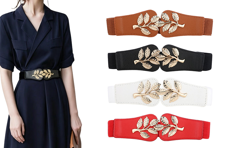 4Pcs Elastic Waist Belt For Women Metal Leaf Buckle Stretch Dress Waist Belt Set
