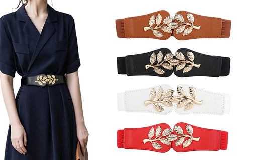 4Pcs Elastic Waist Belt For Women Metal Leaf Buckle Stretch Dress Waist Belt Set