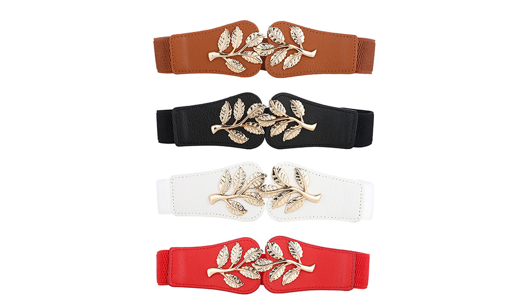 4Pcs Elastic Waist Belt For Women Metal Leaf Buckle Stretch Dress Waist Belt Set