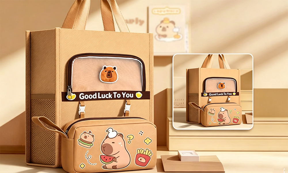 Cartoon Tote Bag Large Capacity Student Carry Bag with Side Pockets