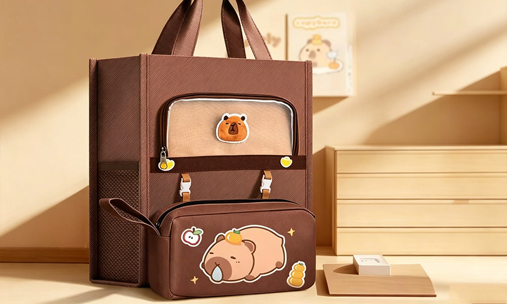 Cartoon Tote Bag Large Capacity Student Carry Bag with Side Pockets